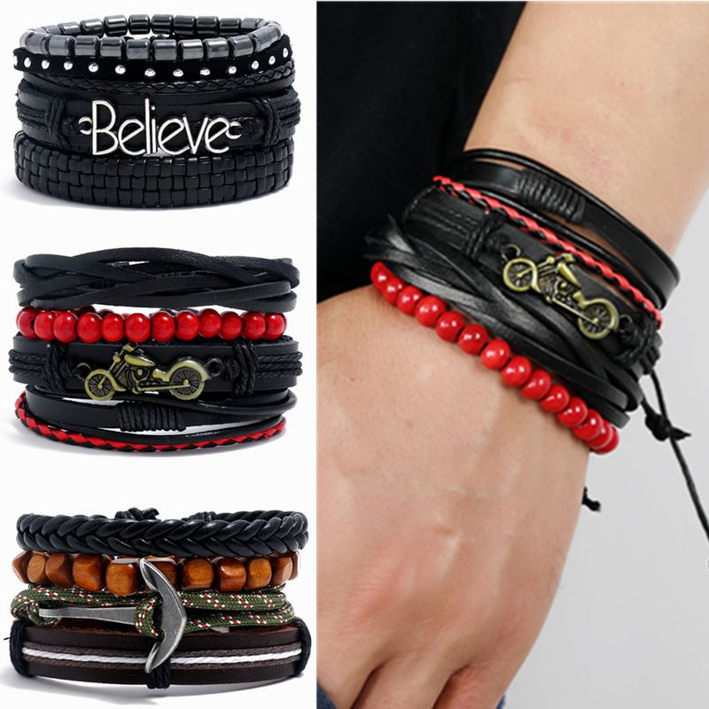Semplice abito fai da te in pelle di mucca intrecciata da uomo e da donna multistrato combinazione Bracciale accessori_voghion.com