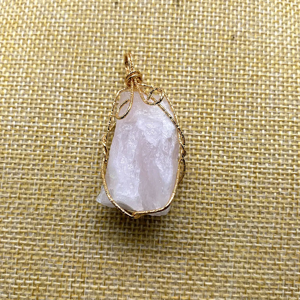Natural Raw Stone Crystal Pendant Necklace Handmade Wire Wrap_voghion.com