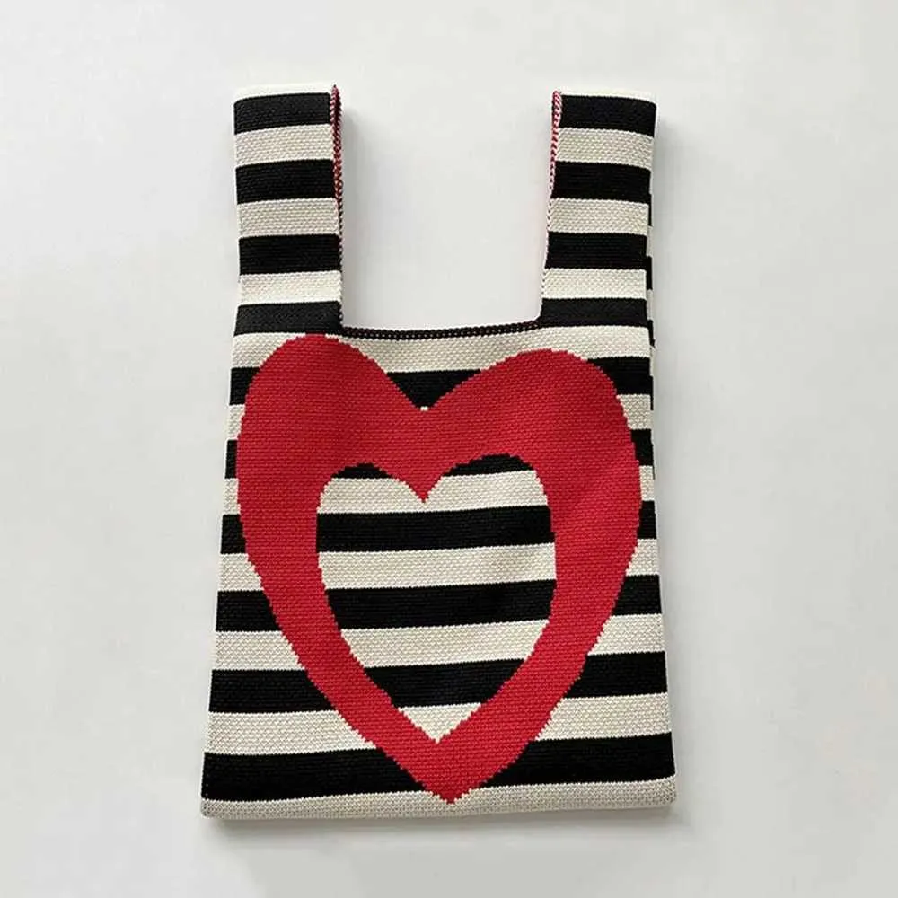 New Love Stribet Håndlavet Strikket Minimalistisk Koreansk Mini Knude Håndtaske Genanvendelig Indkøbstaske til Studerende Y241106_voghion.com