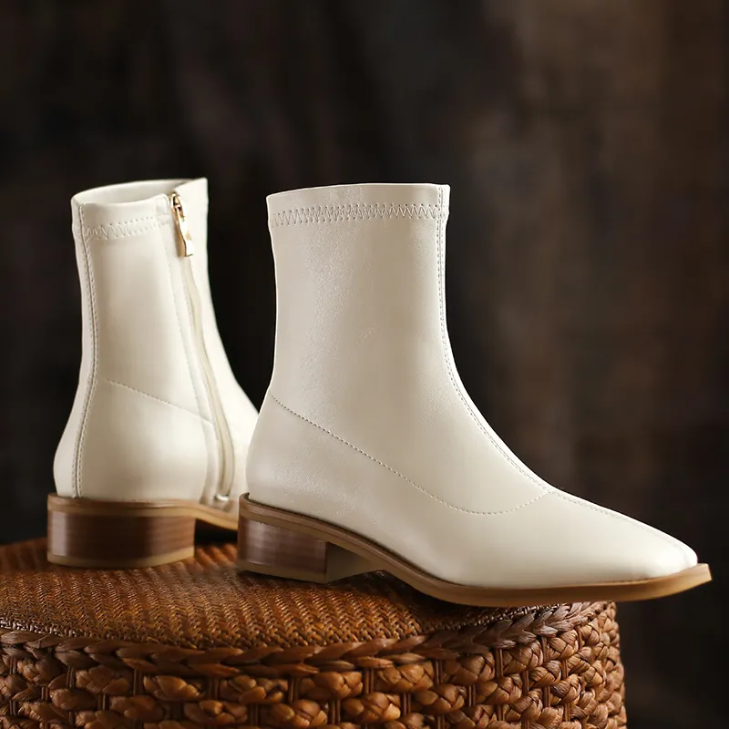JOZHAMTA Size 34-42 Stretch Soft Leather Thick Heels Shoes For Women Winter 2023 Zipper Retro Ankle Boots Elastic_voghion.com