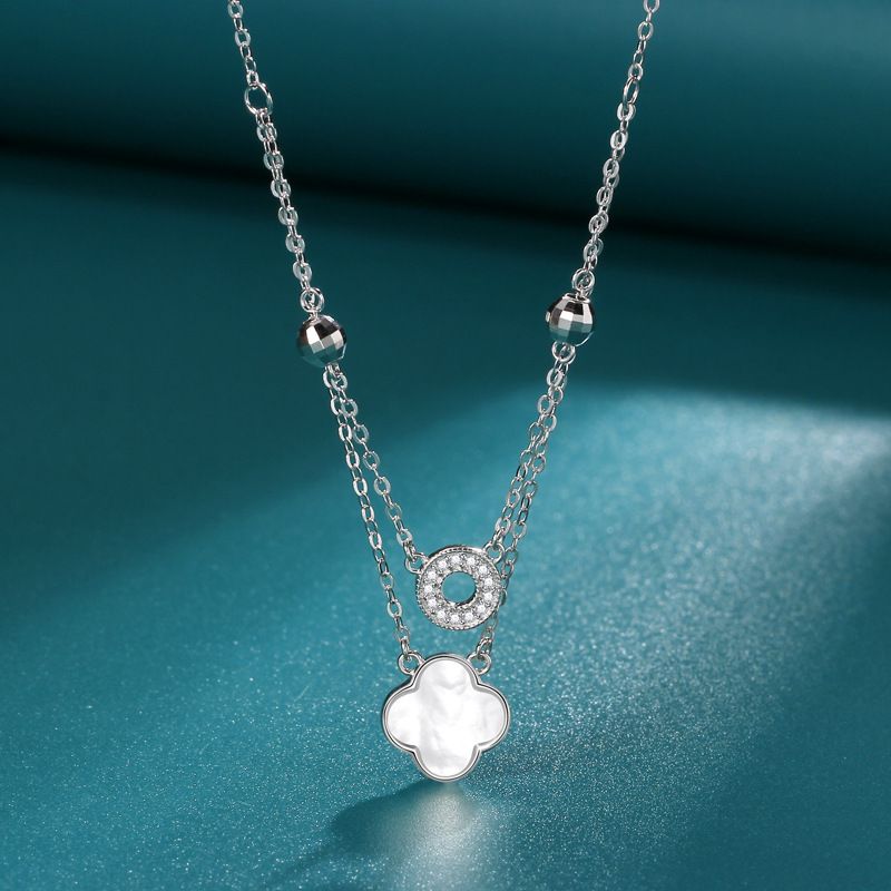 Double Layer Four Leaf Clover Necklace For Women, Niche Design, White Mother Of Pearl Pendant, Internet Celebrity_voghion.com
