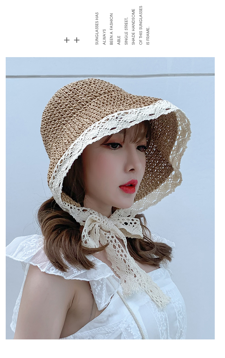 Internet famous straw female summer lace tied hat, fresh refreshing beach vacation, sun protection and shading hat strap_voghion.com