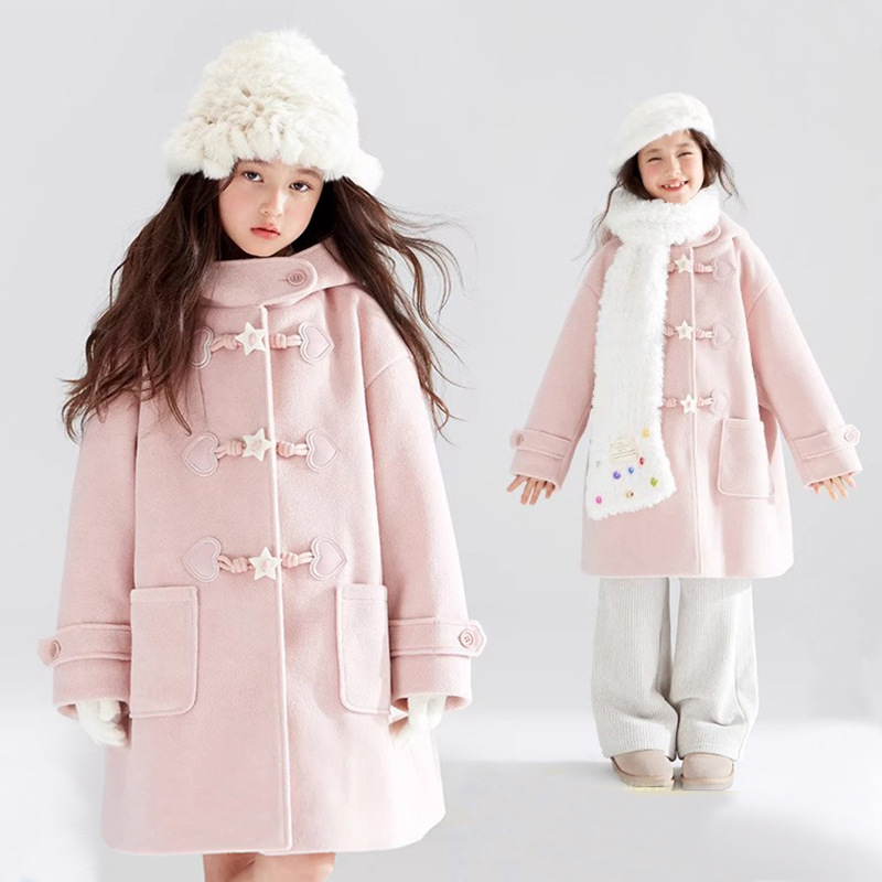 Wool Coat With Star Buttons - Fleece-Lined Winter Jacket For Girls (120-170cm, B-Class Safe, Detachable Hood)​