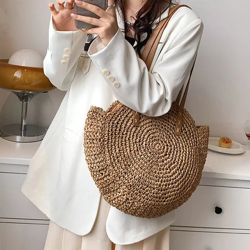 Damen Stroh Schultertasche Für Den Strand Große Handtasche_voghion.com
