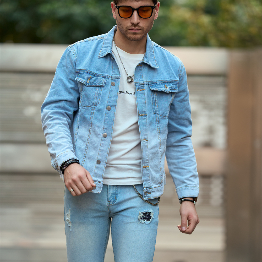 Jachetă casual din denim, top bărbătesc nou, lejer și de toamnă, ținută de primăvară, tendință din denim cu guler pătrat_voghion.com