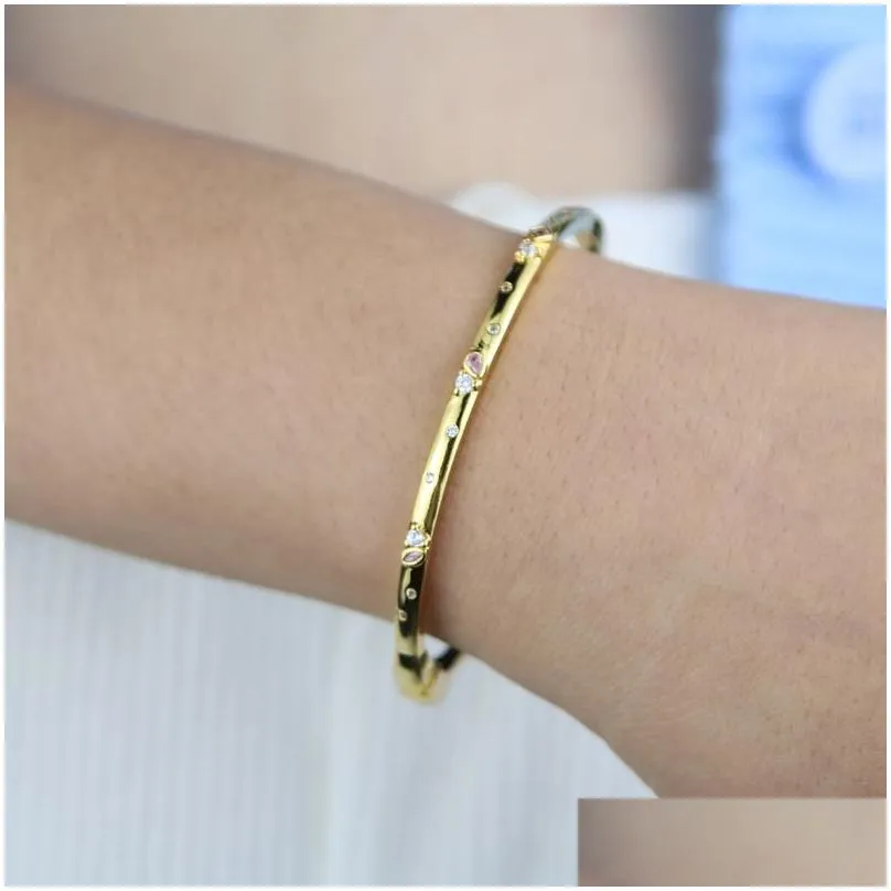 Gold Plated Zircon Bangle Elegant Pink Blue Waterdrop Bracelet_voghion.com