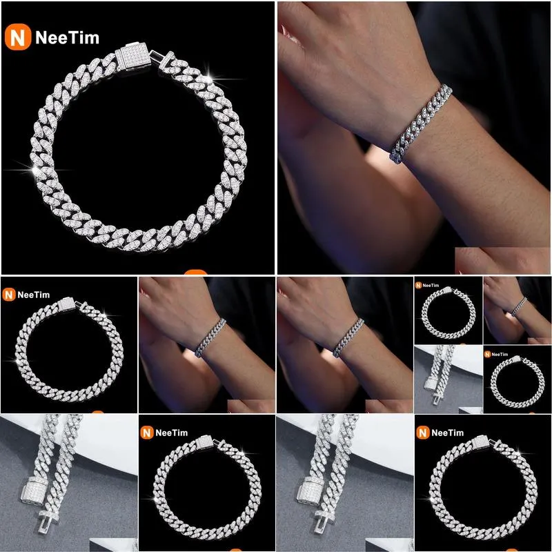 Chains Neetim 6Mm Full Moissanite Hip Hop Men Women Cuban Chain Bracelets Sterling Sier With Gold Plated Bracelet Drop_voghion.com