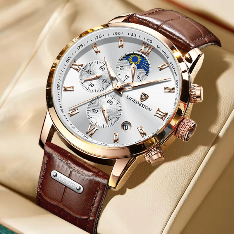 Casual Moon Phase Quartz Watch For Men With Leather Strap_voghion.com
