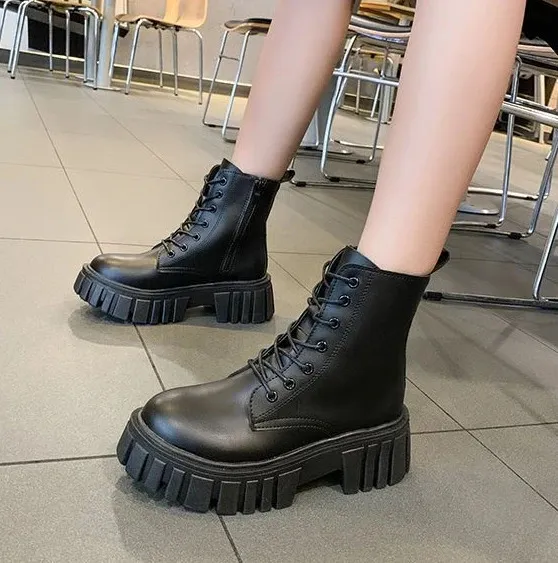 Mit Schnürsenkeln Biker Elegante Medium Heels Kurze Schuhe für Frau Combat Plateau Weiße Booties Schuhe Chunky Wasserdicht_voghion.com