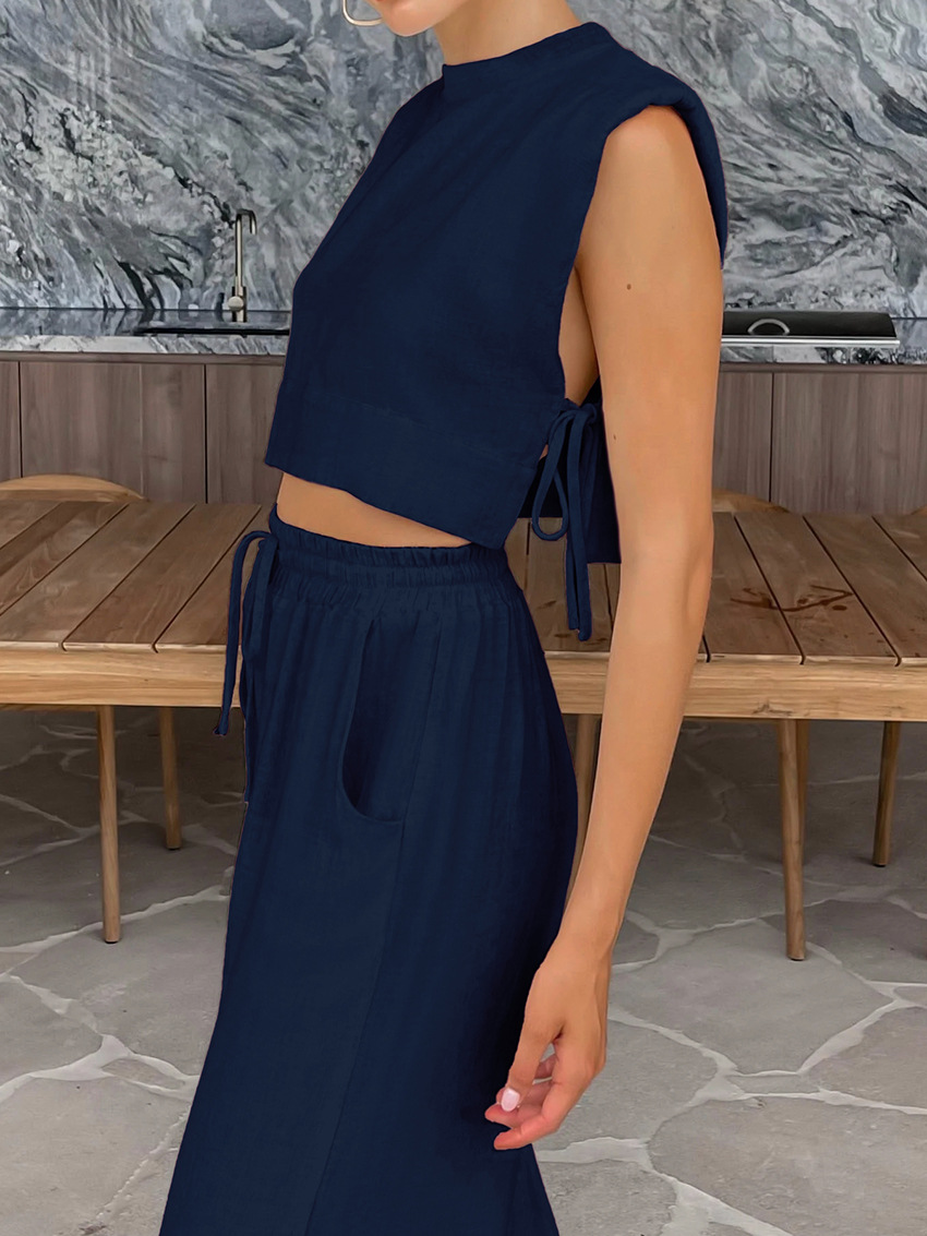 Women's Clothing Fashion cotton and linen suits style shoulder pad sleeveless tops and trousers two-piece suits_voghion.com