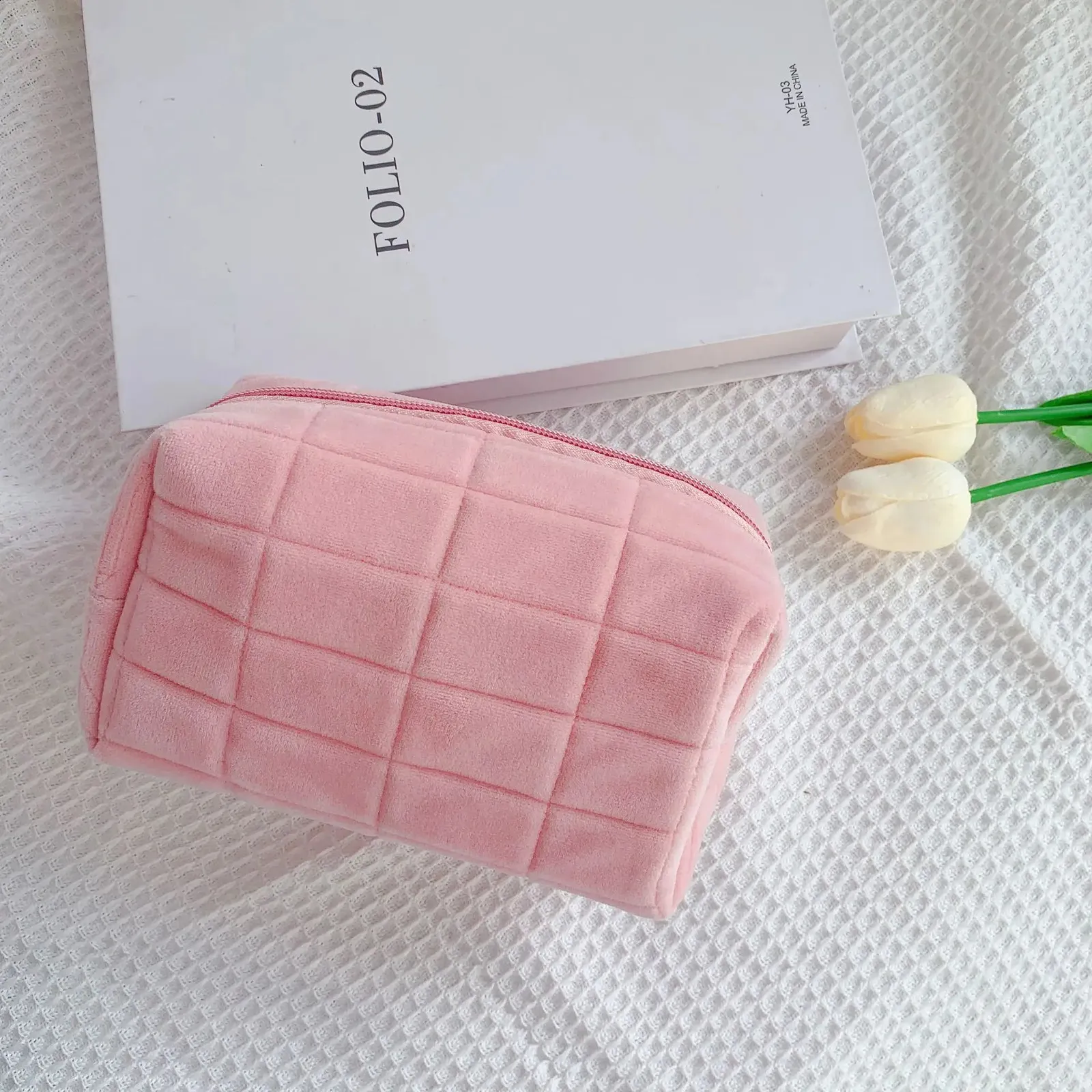 Süßes Fell-Make-up für Frauen mit Reißverschluss, groß, einfarbig, Kosmetiktasche für unterwegs, Make-up-Kulturtasche, Waschtasche aus Plüsch, Stifttasche 240827_voghion.com