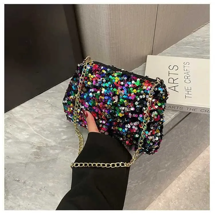 Sac à bandoulière à chaîne simple INS couleur unie paillettes sac à bandoulière portefeuille mobile sac à main de nuit Y241019_voghion.com