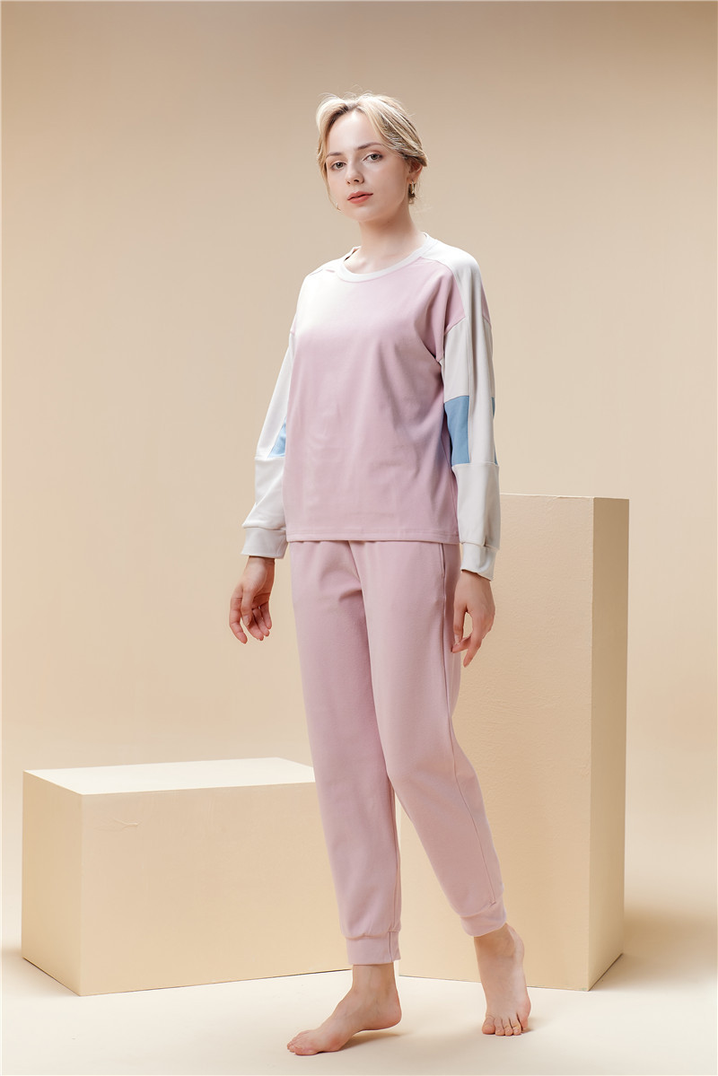 Pigiama da donna con scollo tondo, colore testa a contrasto, caldo e morbido set da indossare per la casa_voghion.com