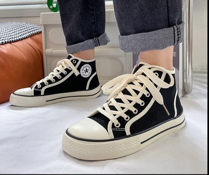 High top men's classic spring canvas student Korean vulcanized round toe casual board shoes, cloth shoes_voghion.com