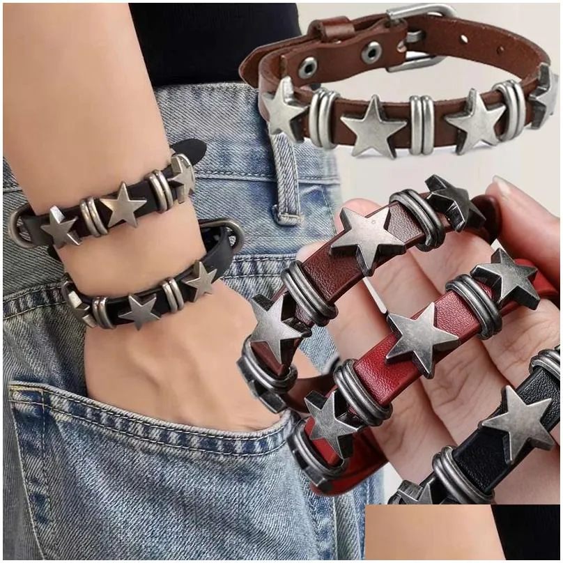 Vintage Star Leather Bracelet For Men Punk Rock Gothic Cuff Bangle_voghion.com