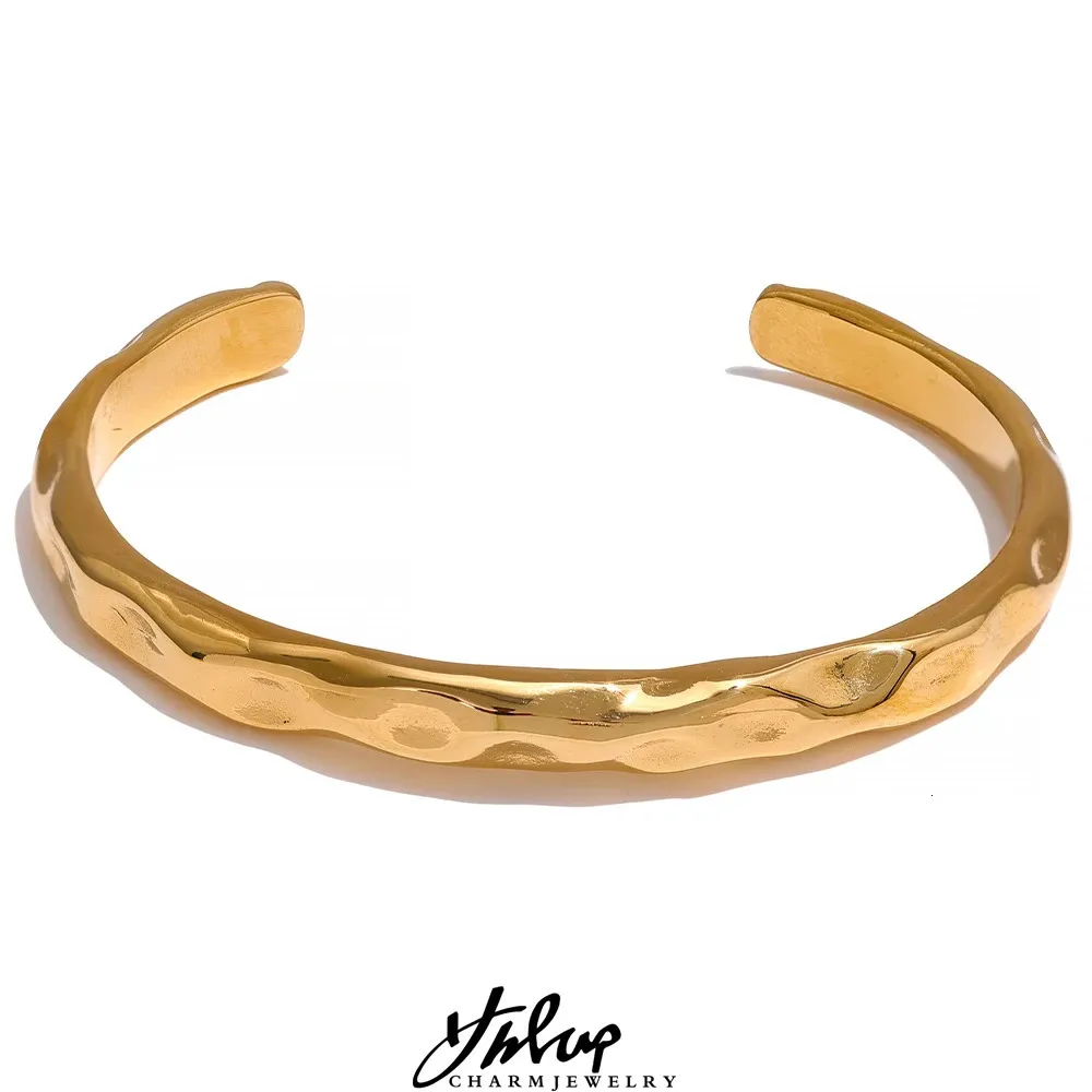 Yhpup Minimalist Gold Color Tarnish Free Fashion Stainless Steel Bangle Bracelet Metal Texture Simple Open Charm Wrist_voghion.com