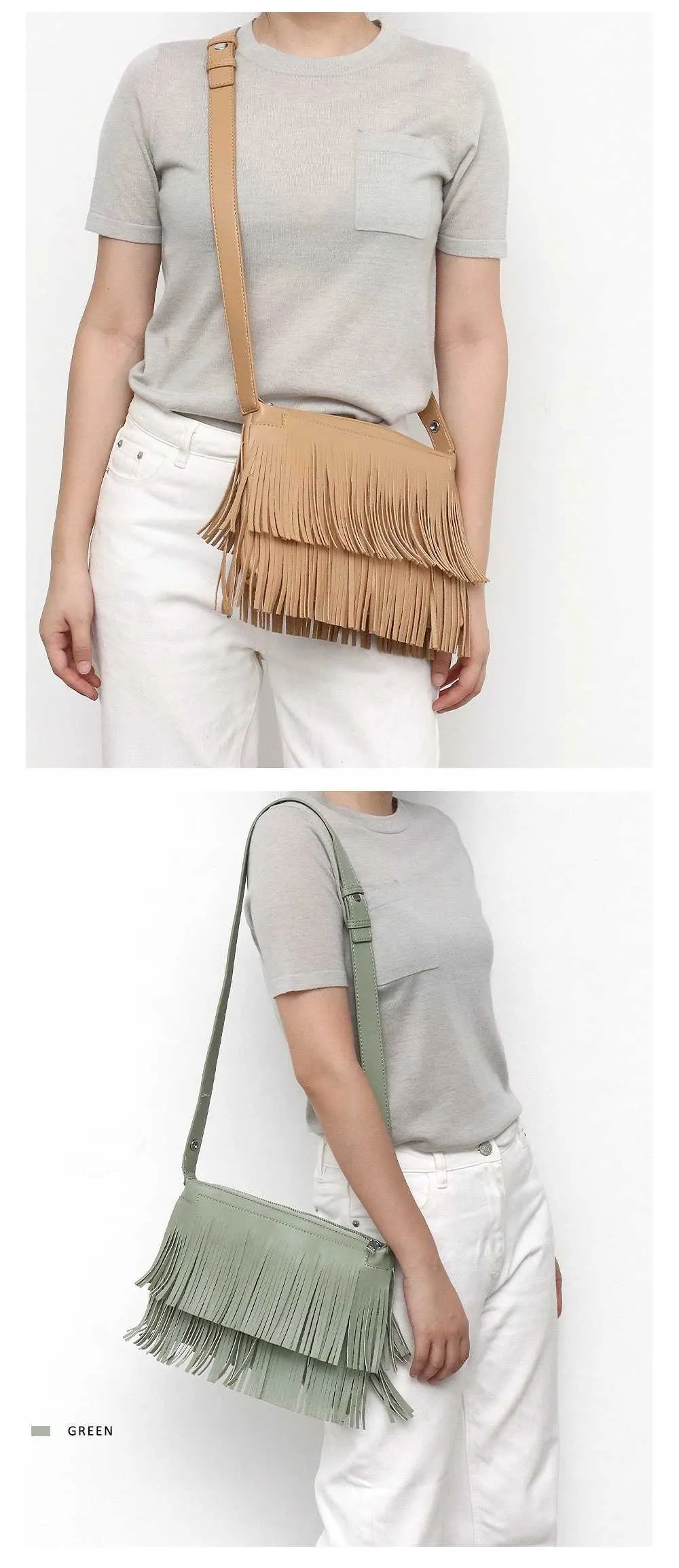 CEZIRA Bohemia Quaste Fransen Ladi Seitentaschen Veganes Leder Stilvolle Designer Mädchen Kleine Umhängetasche Reißverschluss Umschlag Clutch_voghion.com