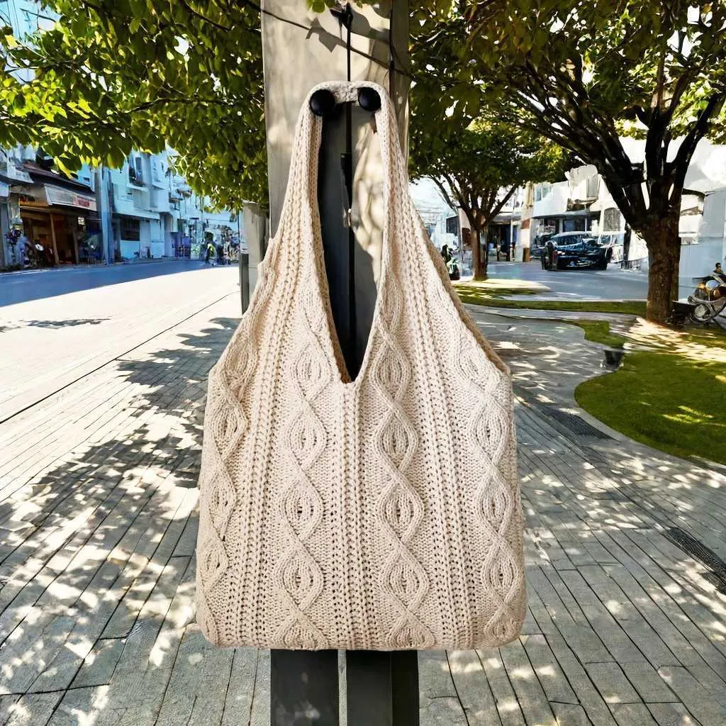 Vintage Strick Schultertasche Für Damen, Große Handtasche Casual_voghion.com