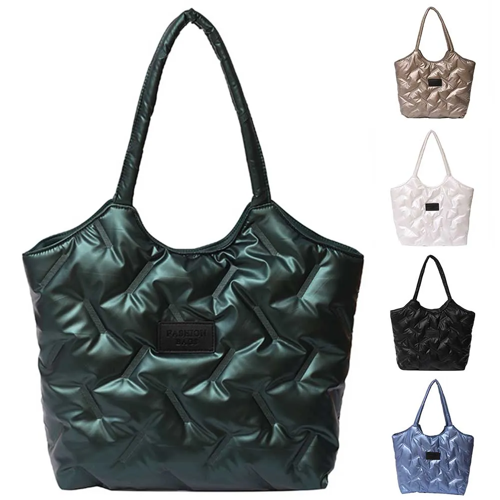 Borsa a mano imbottita in cotone da donna, trapuntata, grande capacità, invernale, casual, morbida e soffice._voghion.com