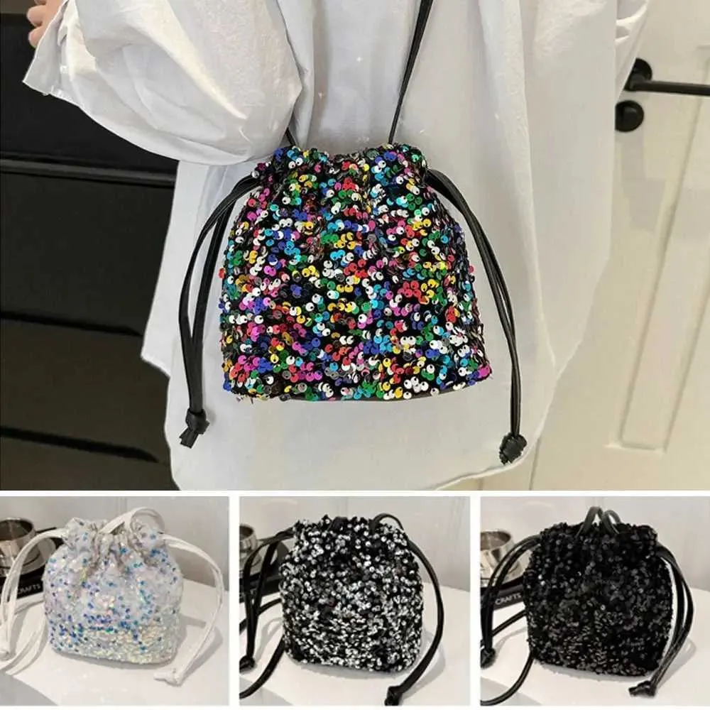 Borsa a tracolla con paillettes versatile alla moda, semplice e alla moda, piccola borsa a mano con coulisse, borsa a secchiello da festa_voghion.com
