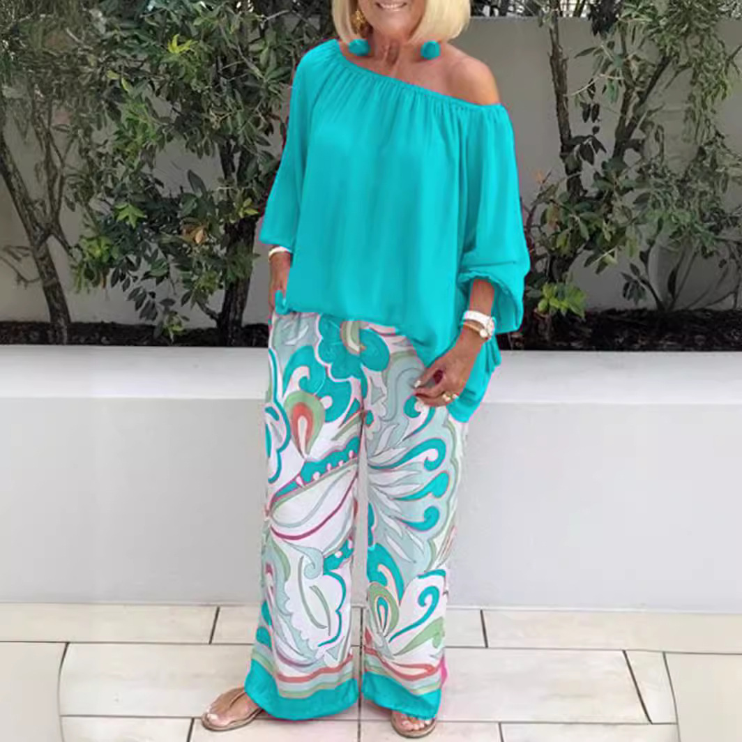 2025 New Women's Printed Pants Off-Shoulder Top Casual Set_voghion.com