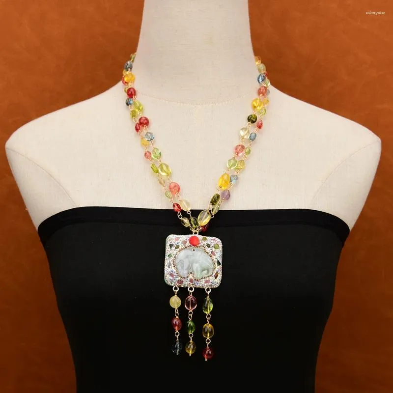 Pendant Necklaces GG Jewelry 2 Rows Mix Color Natural Crystal Smooth Net Stone Necklace Jadeite Carved Elephant_voghion.com