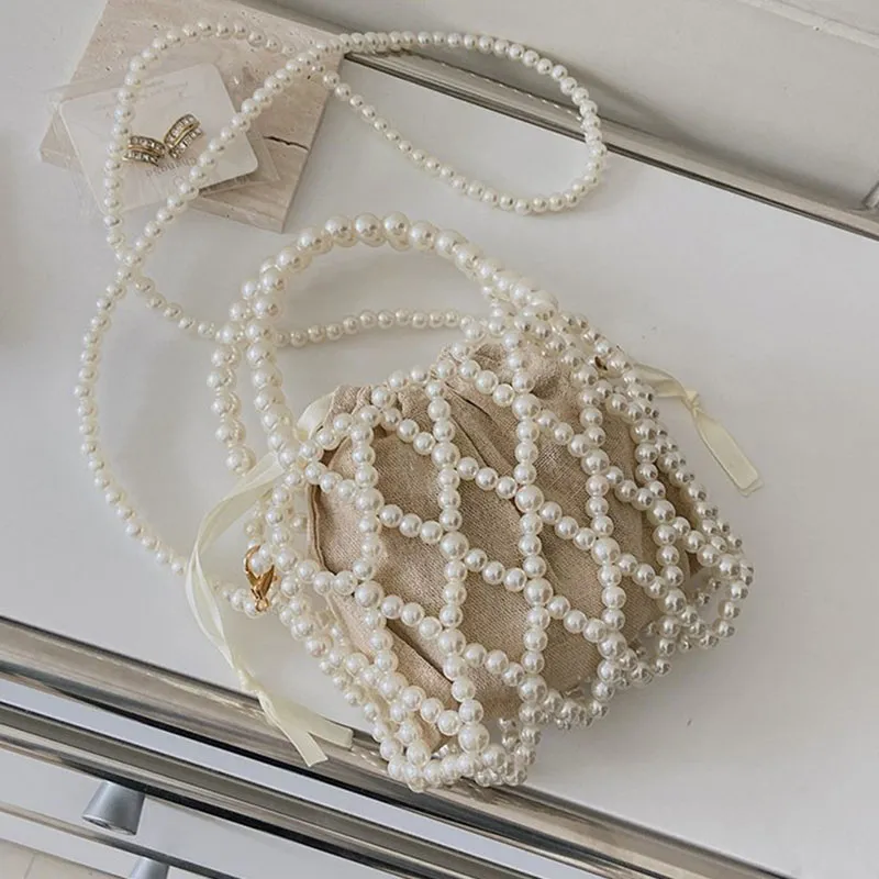Yogodlns Mini borsa a secchiello da donna, borsa a tracolla intrecciata con perle, borsa a mano, portafoglio, borsa a tracolla da donna_voghion.com