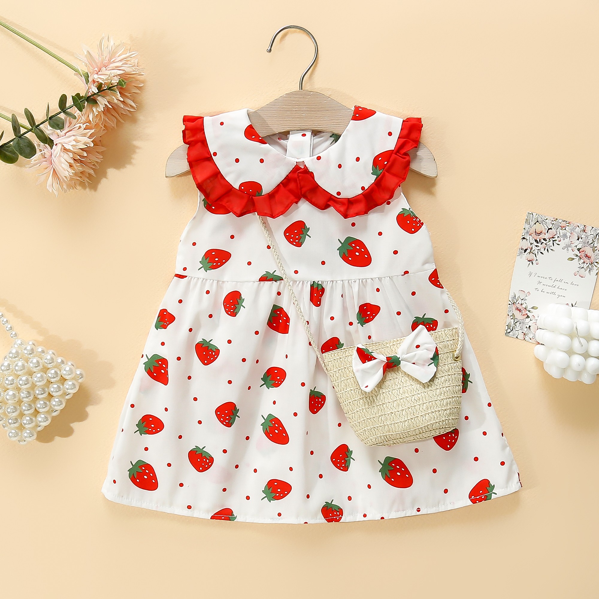 Mädchen Baby Baumwolle Kleid Ärmellos Puppe Kragen Erdbeere Gedruckt Tank Top Kleid Senden Tasche_voghion.com