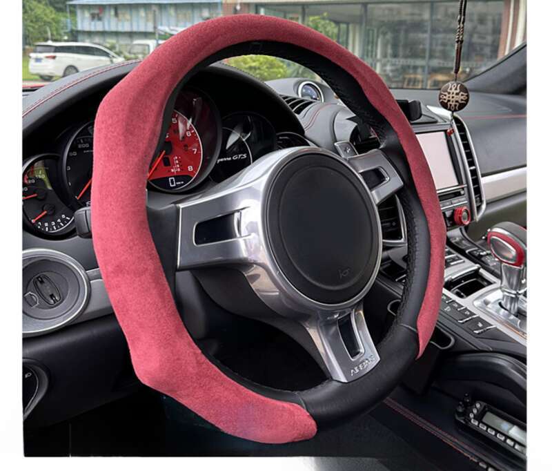 Husă volan auto pentru toate anotimpurile, protecție din piele întoarsă, plasă absorbantă de transpirație, roșie, rotundă, în formă de D, universală, pentru mâner_voghion.com