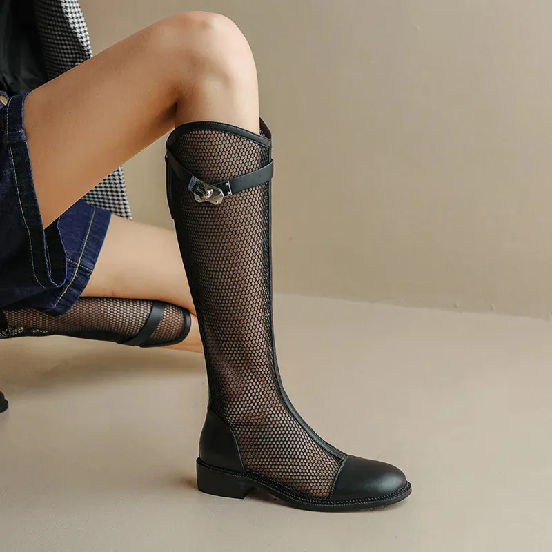 Breathable Leather Mesh Long Boots For Women Fashionable Sandals_voghion.com