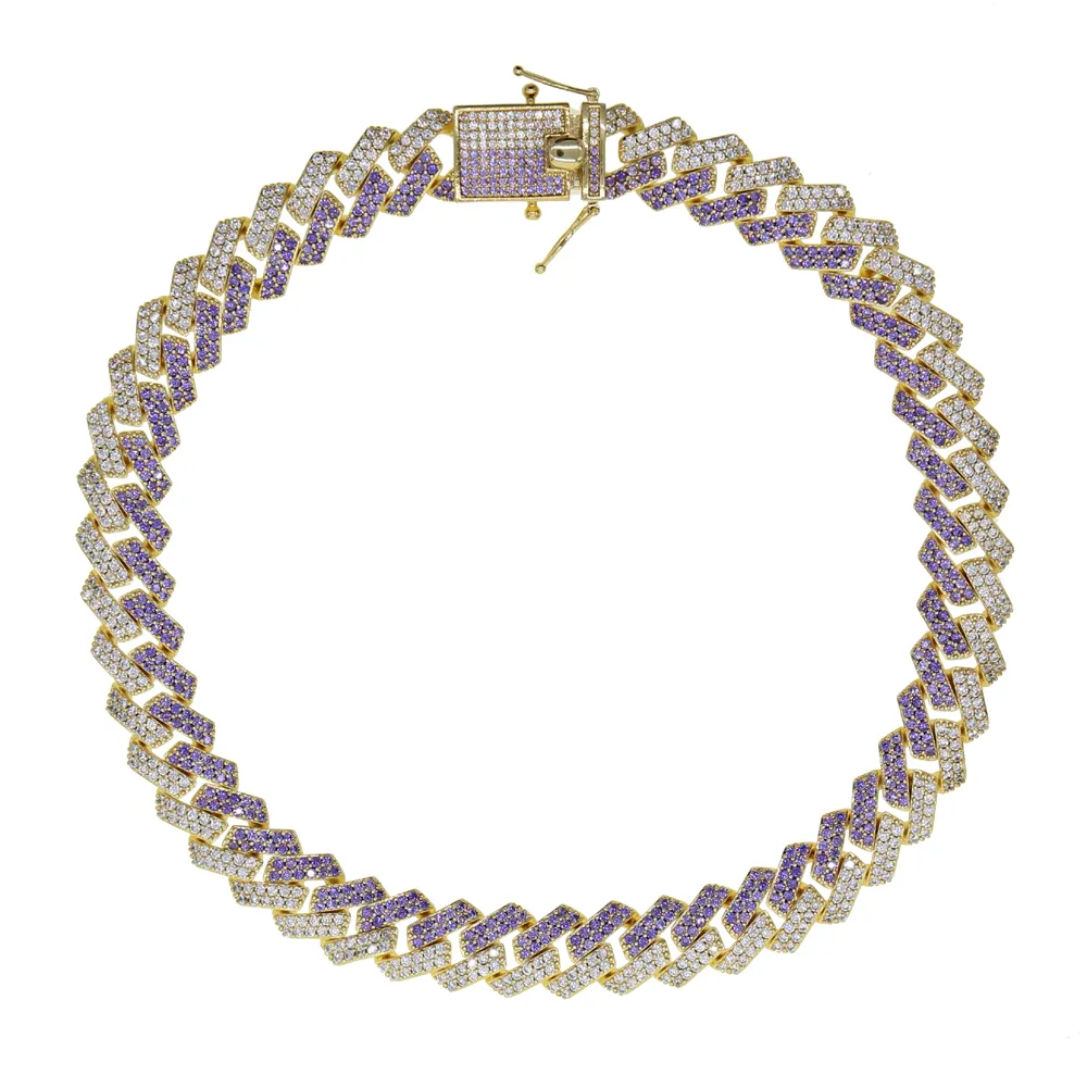 Collier ras du cou en zircone cubique bicolore violet et blanc de 15 mm avec chaîne à maillons cubains Miami glacé, style hip-hop, bijoux pour femmes_voghion.com