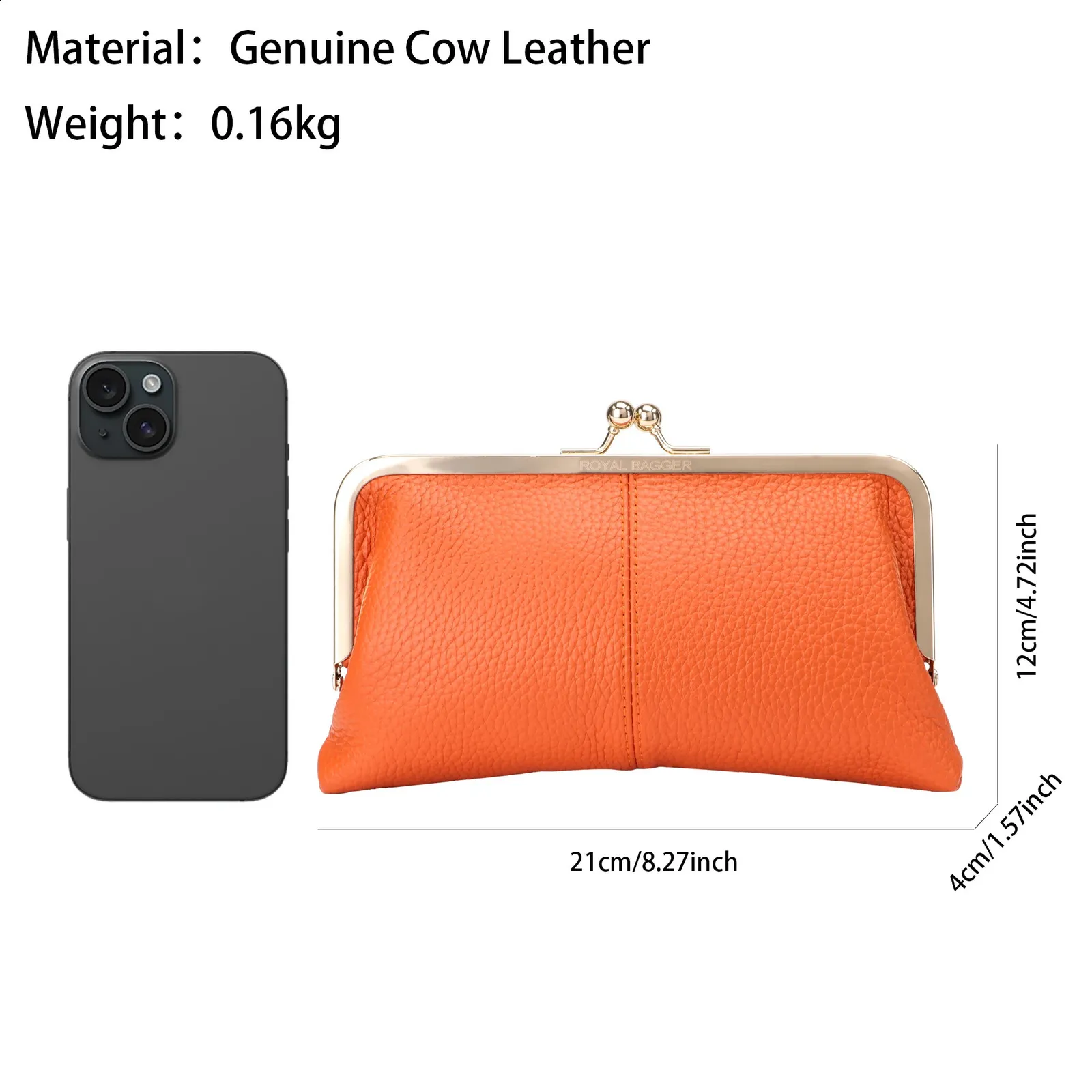 Royal Bagger Kiss Lock Geldbörse für Damen, echtes Rindsleder, großes Fassungsvermögen, Kartenhalter, modische Clutch, Handy-Geldbörse_voghion.com