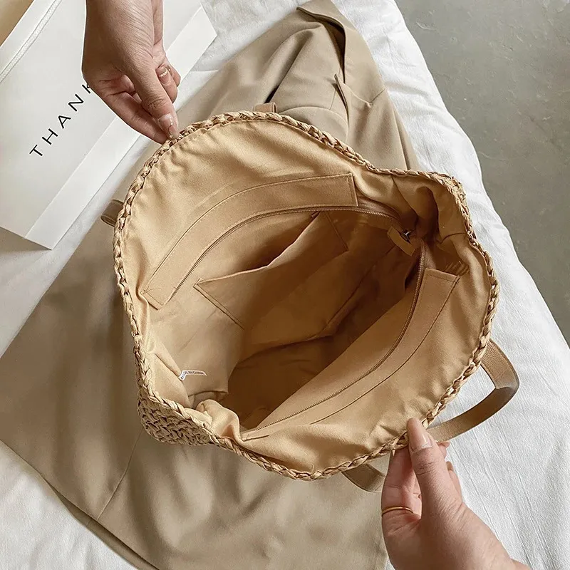 Damen Stroh Schultertasche Für Den Strand Große Handtasche_voghion.com
