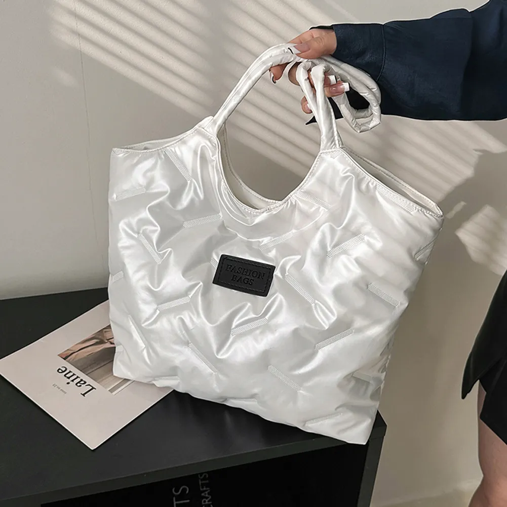Borsa a mano imbottita in cotone da donna, trapuntata, grande capacità, invernale, casual, morbida e soffice._voghion.com