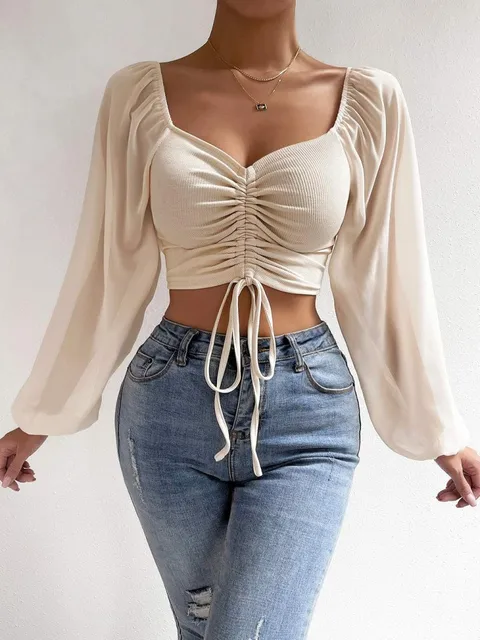 hot selling Drawstring Front Sheer Crop T-Shirt Women Plunge Neck Long Sleeve Ribb-knit Ruched Blouse Sexy Top Spring Summer Outfit_voghion.com
