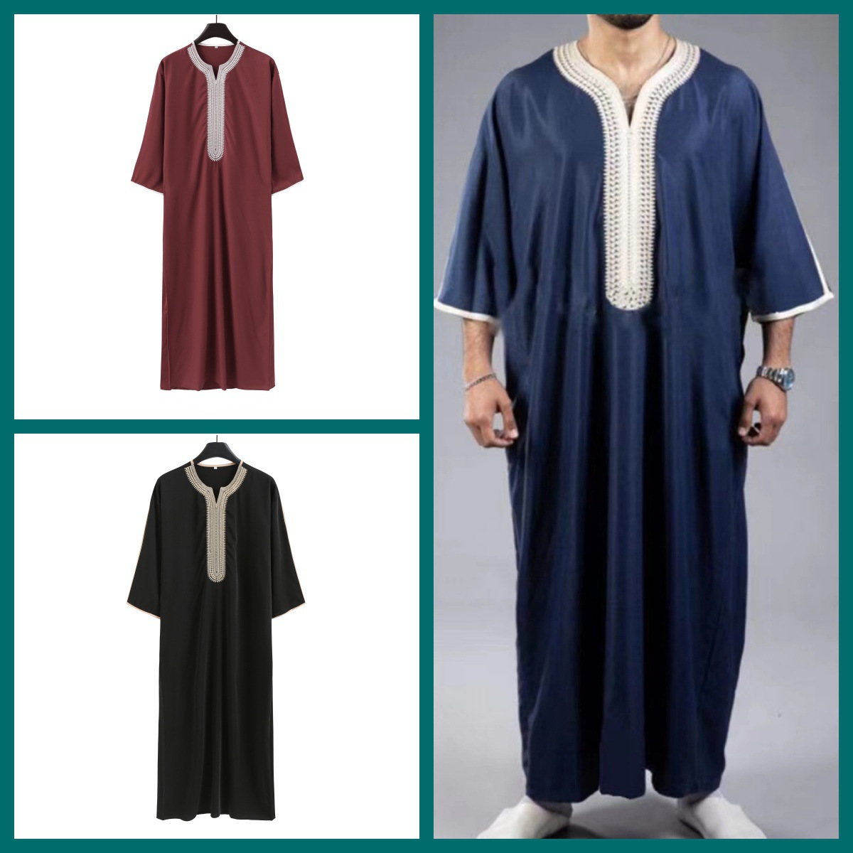 Vêtements pour hommes Nouvelle robe à manches courtes Broderie Bleu marine Robe musulmane pour hommes