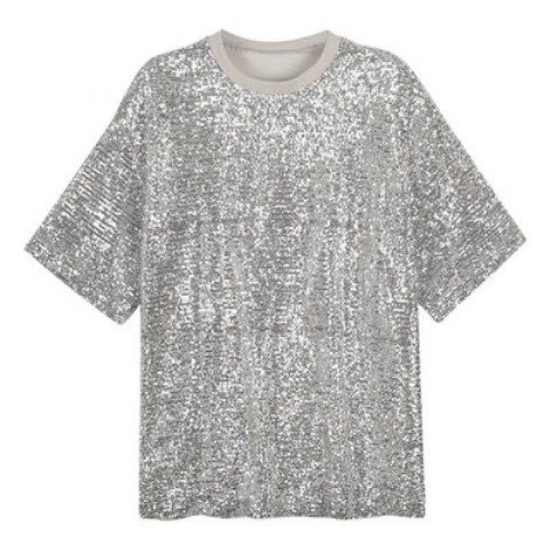 Damen-T-Shirt mit schlankem Pailletten-Schwerindustrie-T-Shirt, lässiges Kurzarm-T-Shirt_voghion.com