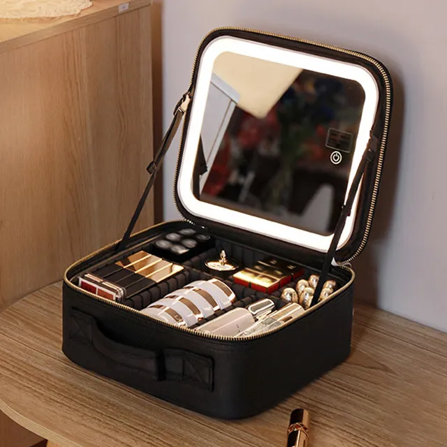 Make Up Pouch With Mirror Travel Makeup Bags Portable Large Capacity Fashi Simple PU Leather Casual For Weekend_voghion.com