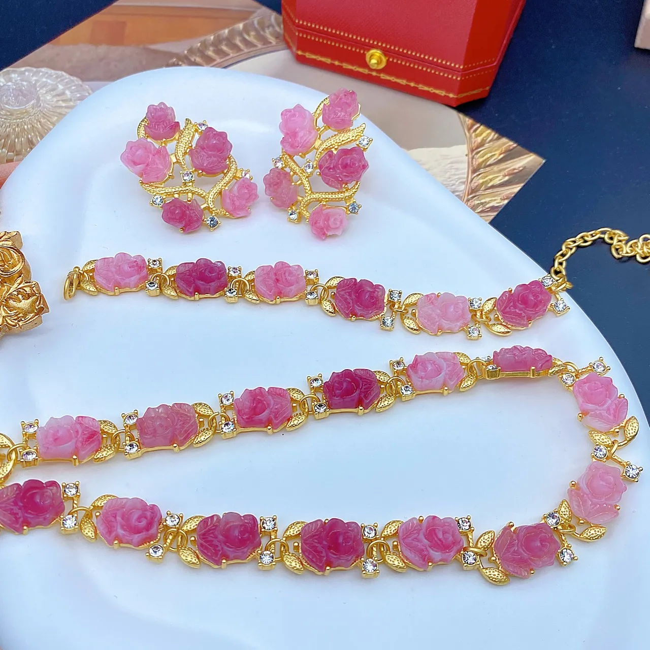 Collier en verre clair dégradé de fleurs de cerisier roses, boucles d'oreilles roses, broche, corsage, bijoux de style européen et américain_voghion.com