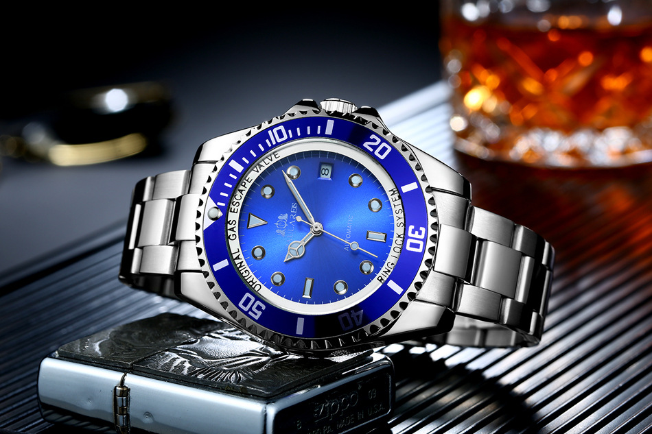 Vollautomatische mechanische Herrenuhr mit Leuchtzeigern, massivem Edelstahlarmband, blauem, rotem und grünem Zifferblatt. AUTOMATIKUHR_voghion.com