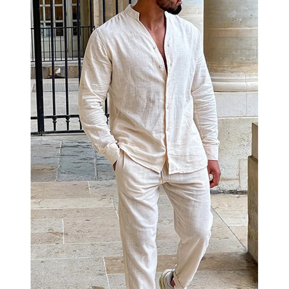 Men's Linen Autumn Casual Set, Long Sleeved One-piece Work Pants, New Two-piece Set For Men