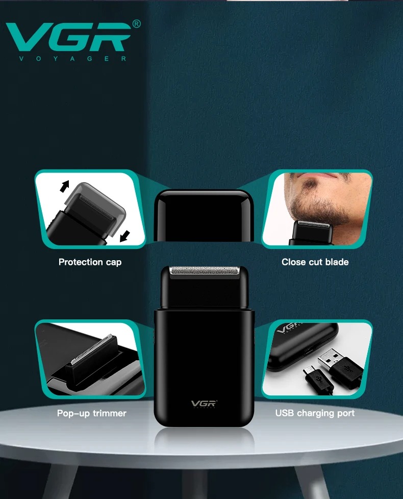 VGR Electric Shaver Professional Beard Trimmer Razor Portable Mini Shaver Reciprocating Shaving 2 Blade USB Charge for Men V-390_voghion.com