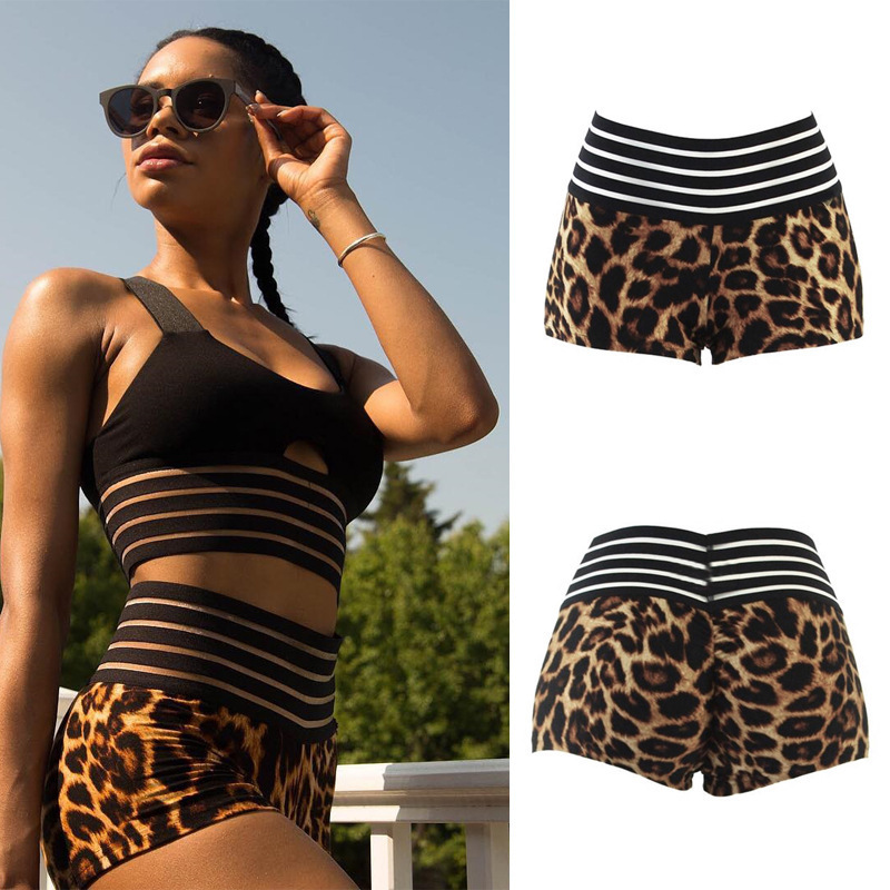 Dames sportshorts met luipaardprint en gestreepte patchwork_voghion.com