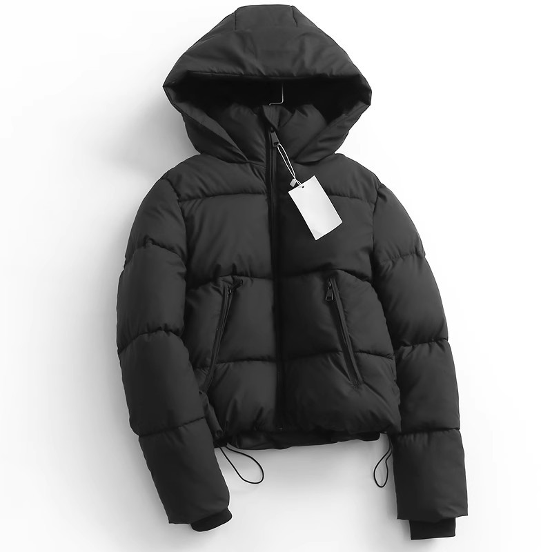 ​​Women’s Puffy Bomber Jacket With Hood – Winter Warm Cozy Oversized Cotton Coat In Black & Beige | XS/S/M/L​​