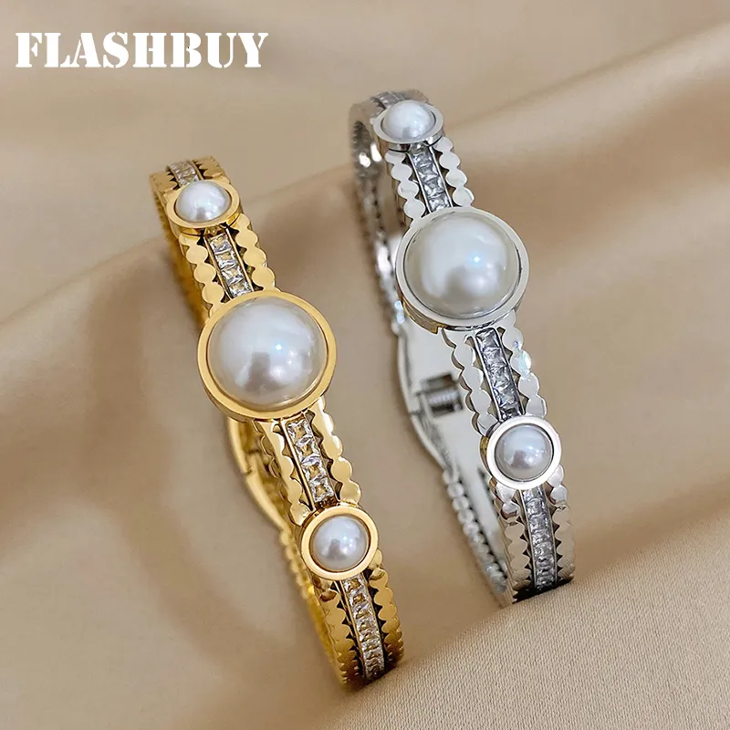Aproce FLASHBUY Modernas, šikas cirkonija pērļu, nerūsējošā tērauda aproces sievietēm, piekariņš, zelta plāksnes, modes rotaslietas_voghion.com
