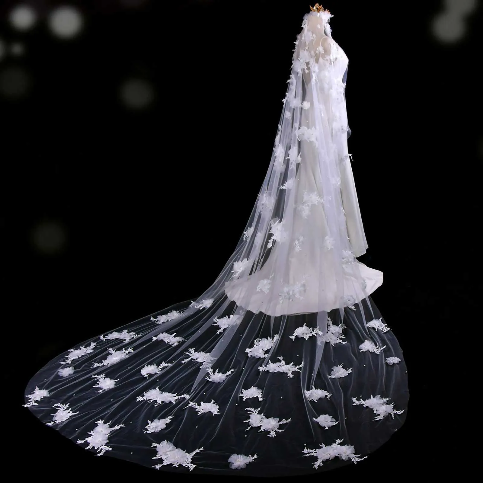 Hair Jewelry Super Pearls Beaded Wedding Veil 3D Flowers Long Cathedral Soft Bridal Illusion With Comb Bride Accessories_voghion.com