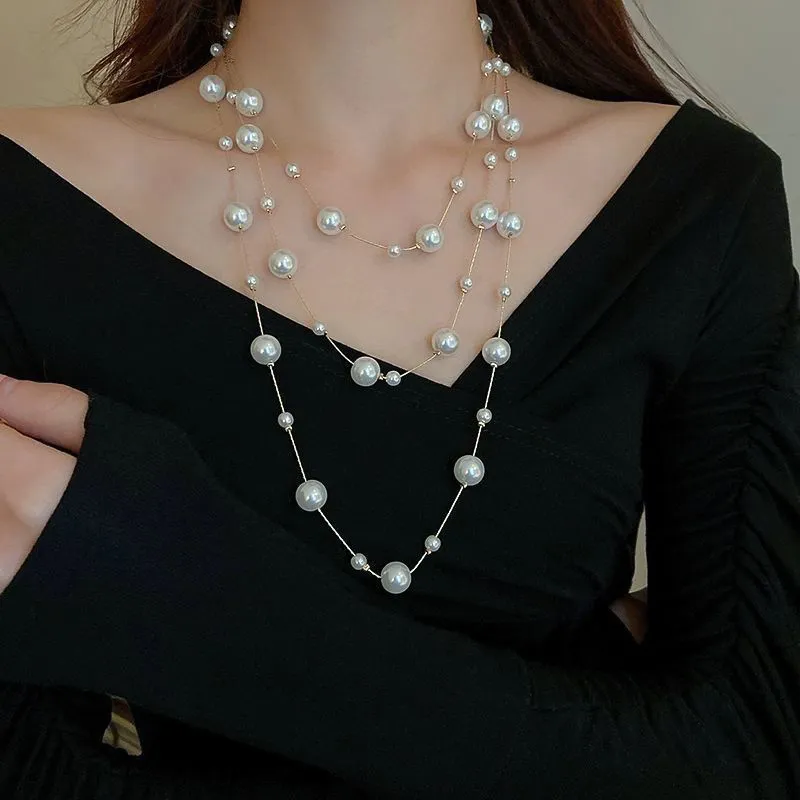 Collana lunga di perle elegante per donna catena stile coreano_voghion.com