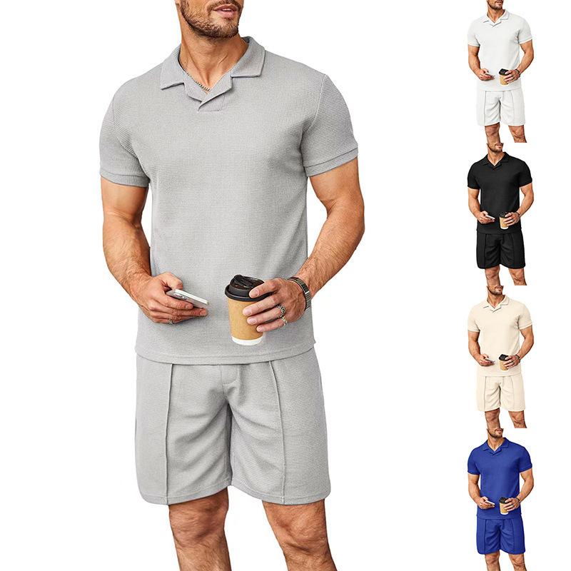 Men's summer new waffle V-neck polo shirt with flip collar short sleeved T-shirt men's set_voghion.com