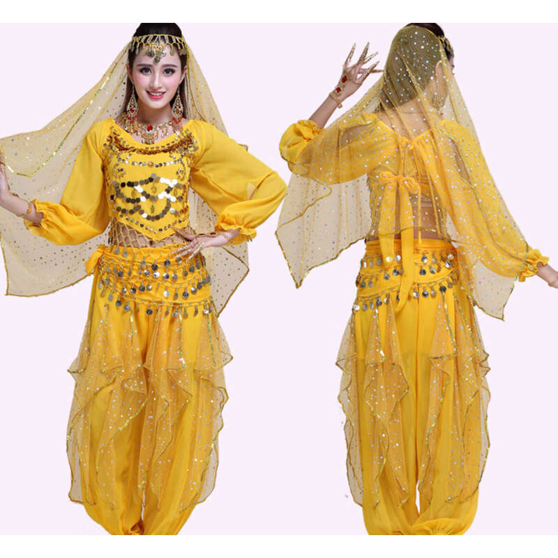 Ceinture de danse en mousseline de soie avec triple pièce d'or et chaîne de taille pour le ventre, serviette de hanche pour la pratique de la danse_voghion.com