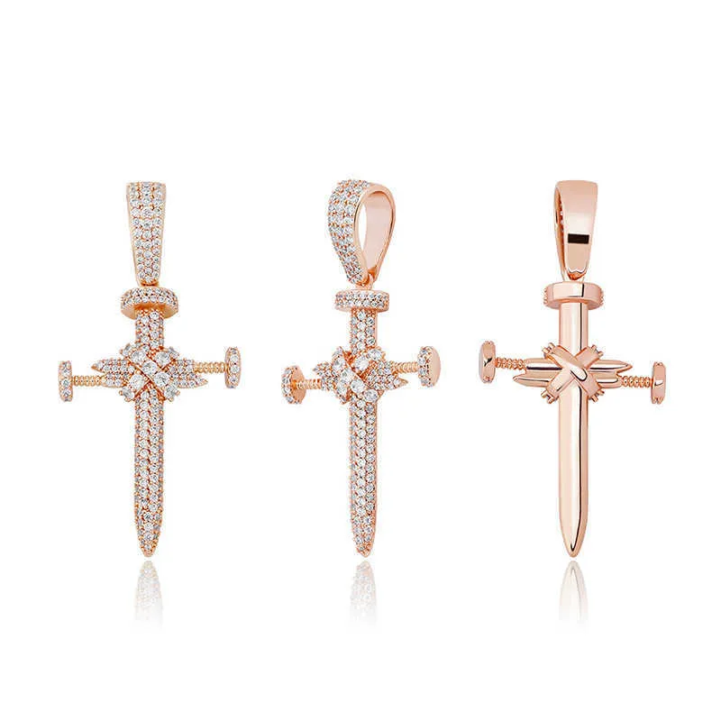 Unisex Ins Full Zircon Nail Cross Pendant Necklace Hip Hop Punk Jewelry Bling Real Yellow Gold Shiny Cz Stone Cubic_voghion.com